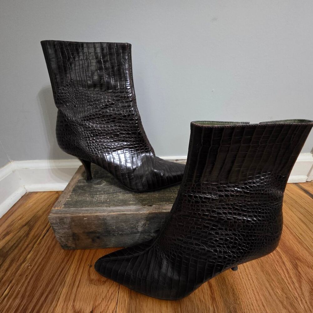 Ann Taylor Brown Croc Embossed Leather Pointed Toe Heeled Ankle Boots Size 8M